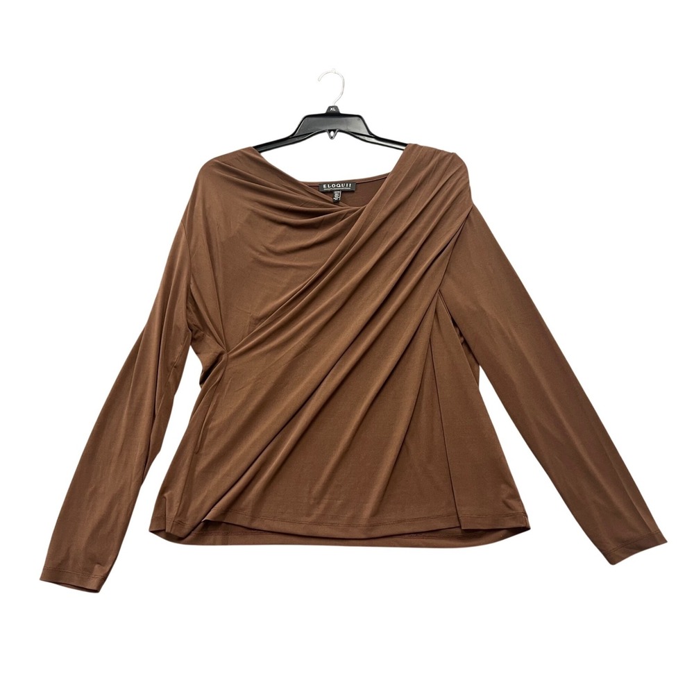 Eloquii Draped Front Top Womens 22/24 Brown Long Sleeve Pleated Blouse Plus Size